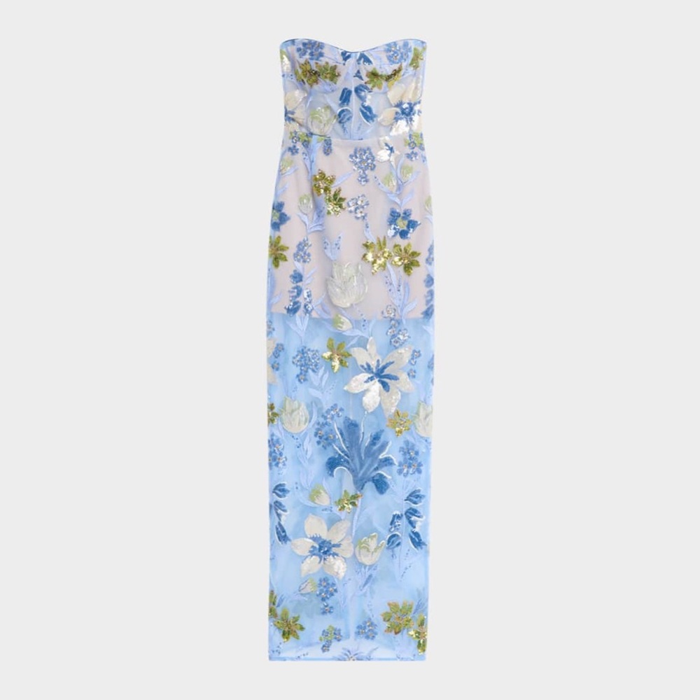 NWOT Bronx and Banco Dahlia Sequin Floral Column Gown IN Baby Blue - Picture 4 of 16